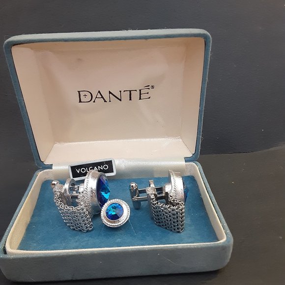 Vintage Dante blue volcano cufflink tie tac set - Picture 2 of 3